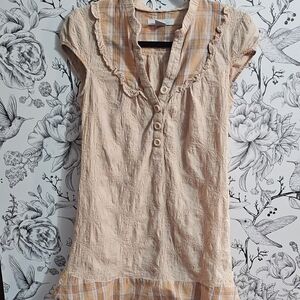 Charlotte Russe Beige and Plaid Cotton Blouse